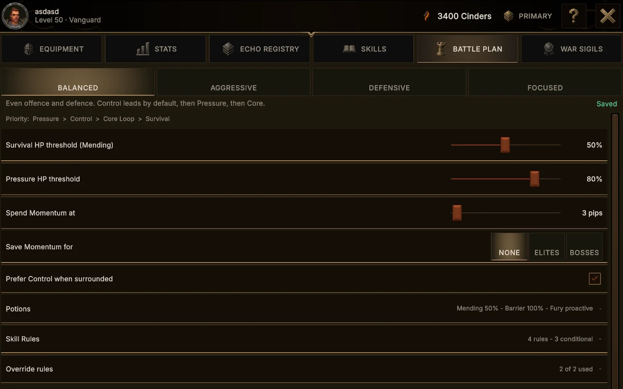 The Battle Plan tab on the Balanced stance, with sliders for survival HP, pressure HP and Momentum spending, and rows summarising potions, four skill rules and two of two override rules.