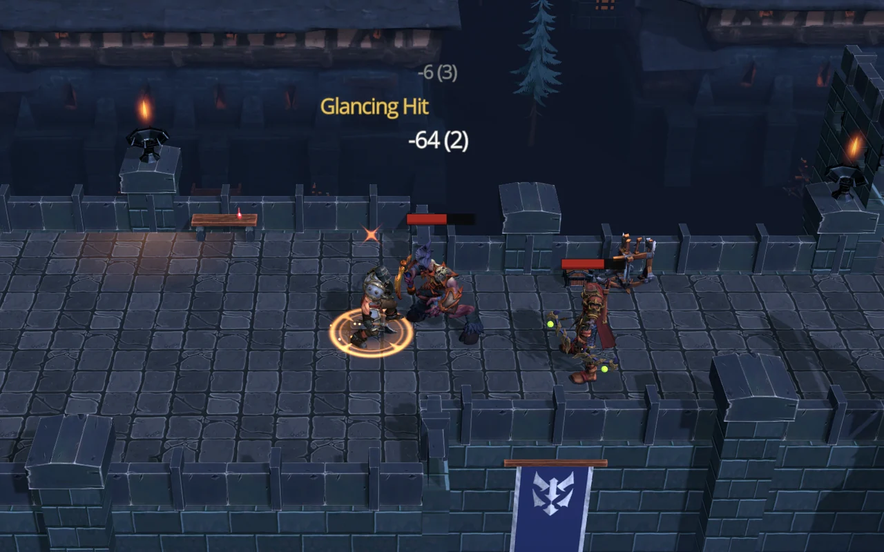 A heavily armored Vanguard fights a hulking enemy on a castle rampart at night, with damage numbers rising and two crossbowmen approaching.