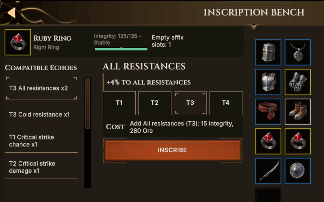 The Inscription Bench with a Ruby Ring selected, a list of compatible Echoes, tier buttons T1 to T4, the cost, and an Inscribe button.