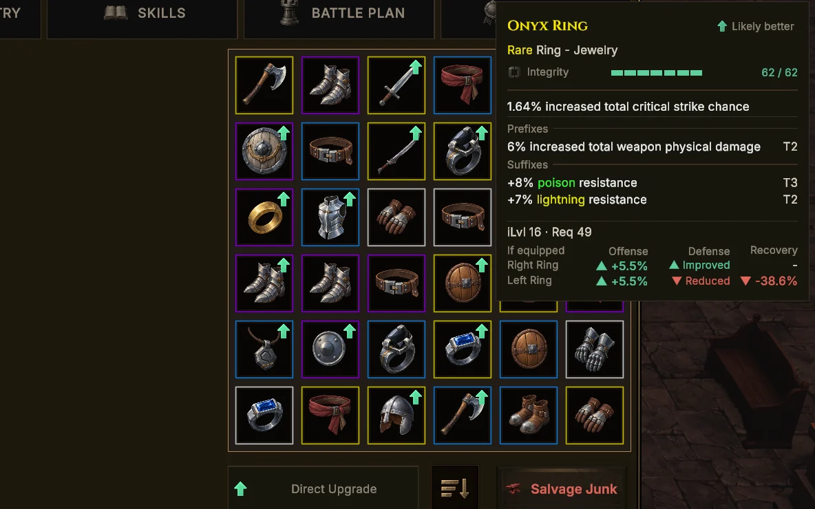 A Rare Onyx Ring tooltip listing tiered prefix and suffix affixes and an "if equipped" comparison, beside a bag full of gear marked with upgrade arrows.