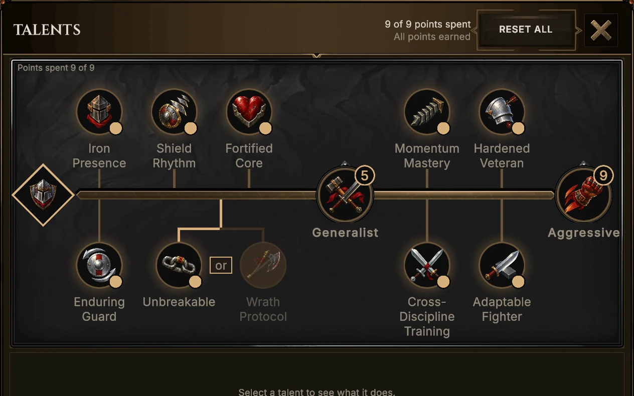 The Talents window with nine of nine points spent across a branching path of Vanguard talents, two milestone nodes marked 5 and 9, and one talent of an either-or pair left unchosen.