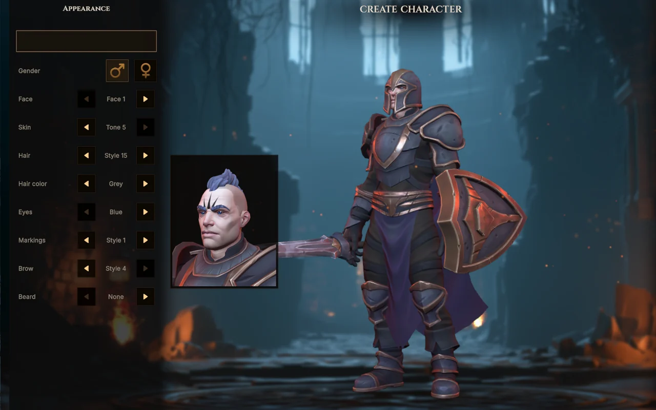 Character creation screen with appearance controls for face, skin, hair, eyes, markings, brow and beard, a portrait close-up, and an armored Vanguard with sword and shield.