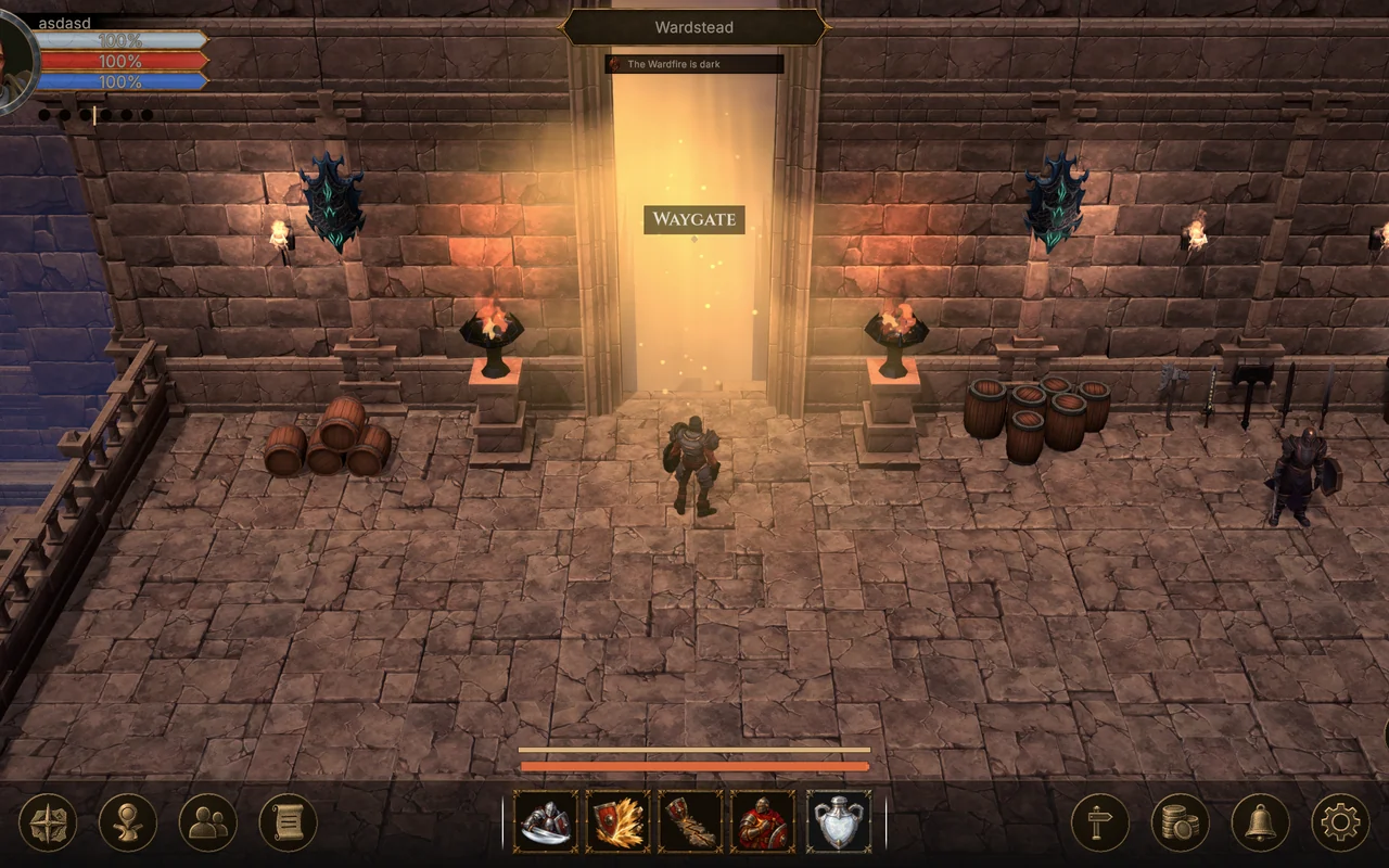 A lone hero in a torch-lit stone courtyard stands before a glowing gate labeled Waygate.