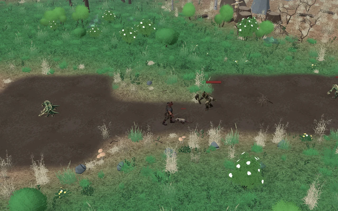 A lone Vanguard on a dirt trail through green meadow and scrub, with a blight crofter, a rat and two hound-like creatures closing in.