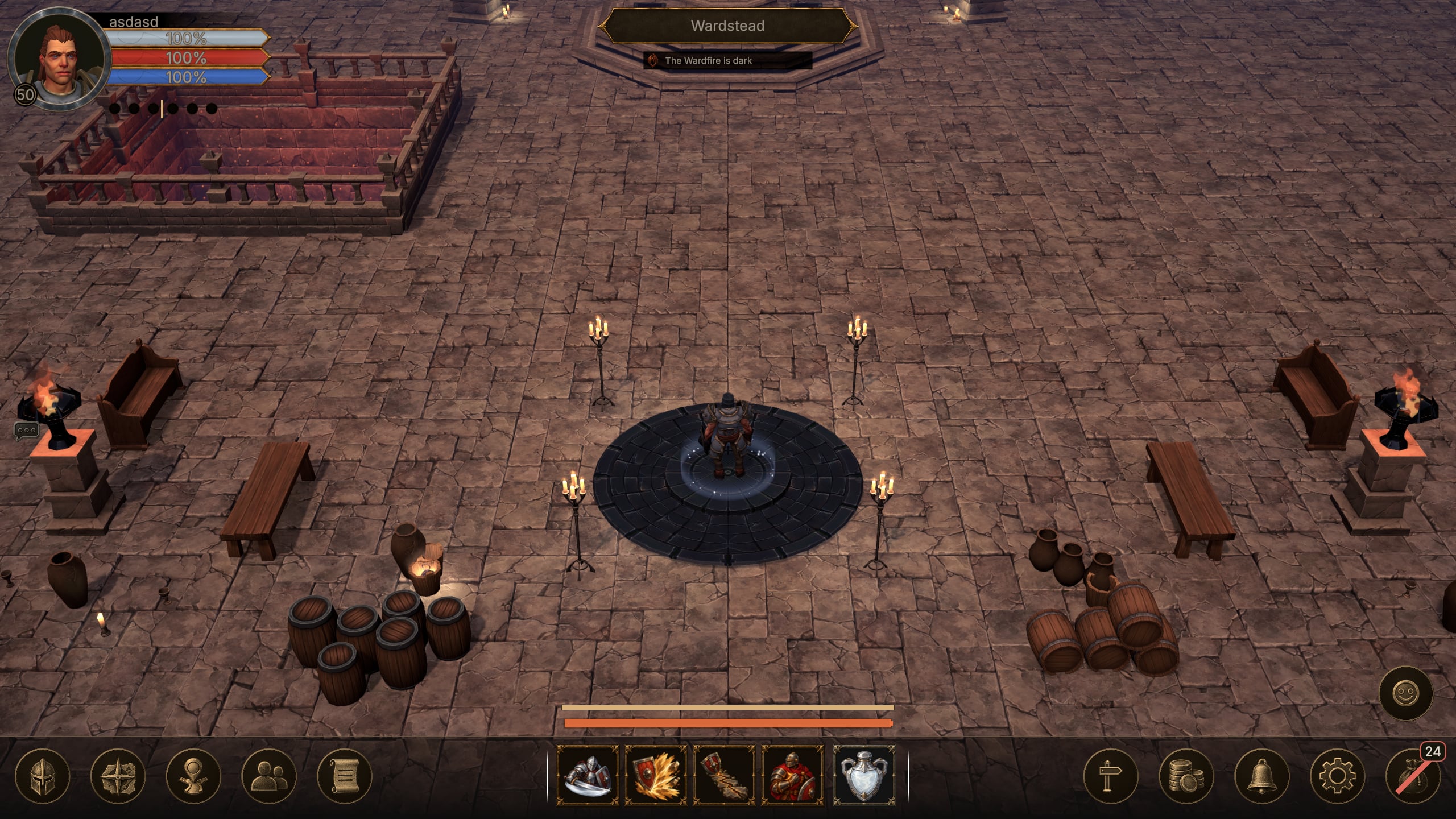 A character standing on the arrival plaza in Wardstead among benches, barrels and candles, with the game interface around the edges.