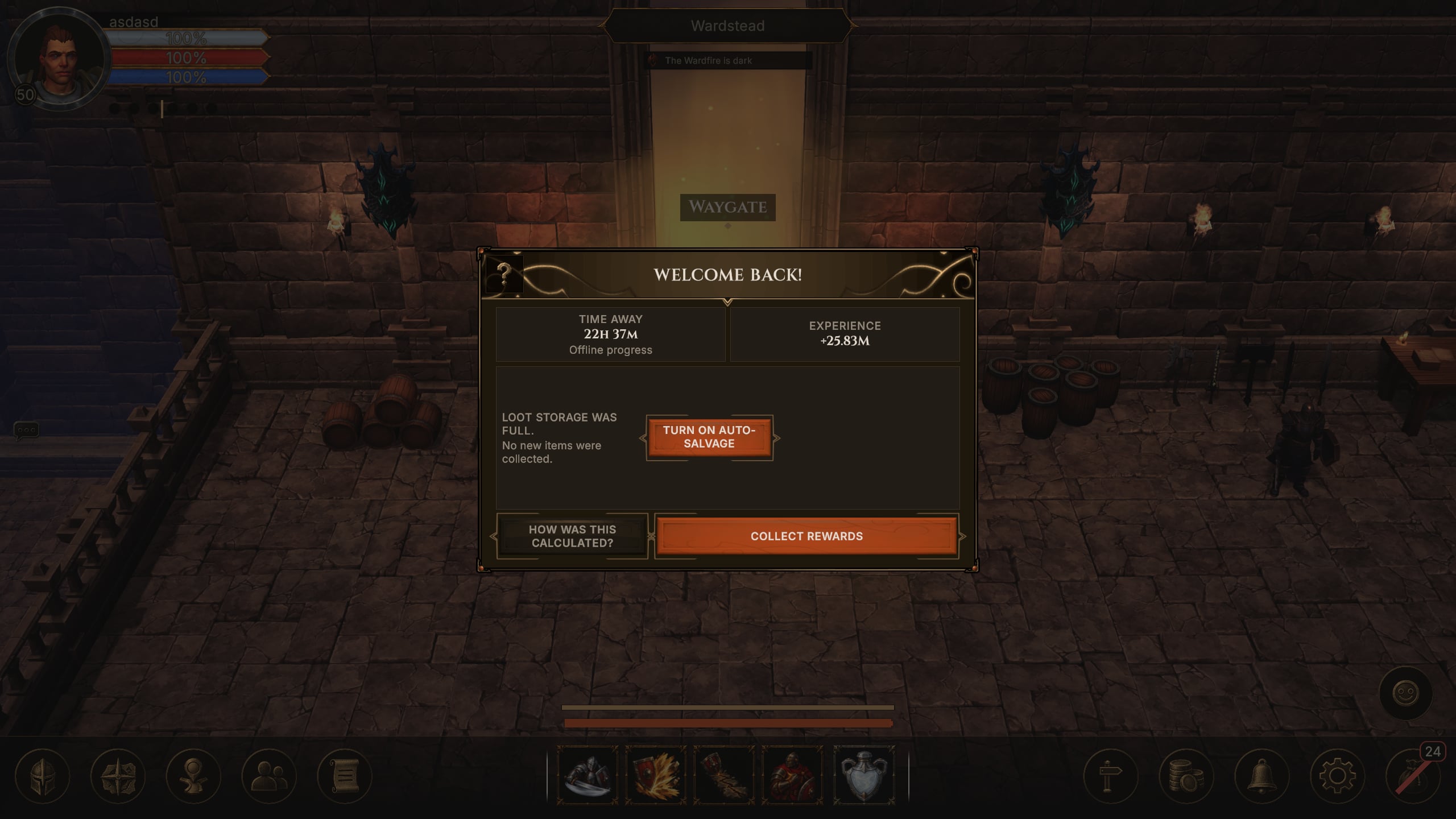 Welcome Back window showing almost 23 hours of offline progress and the experience gained, with a button to collect the rewards.