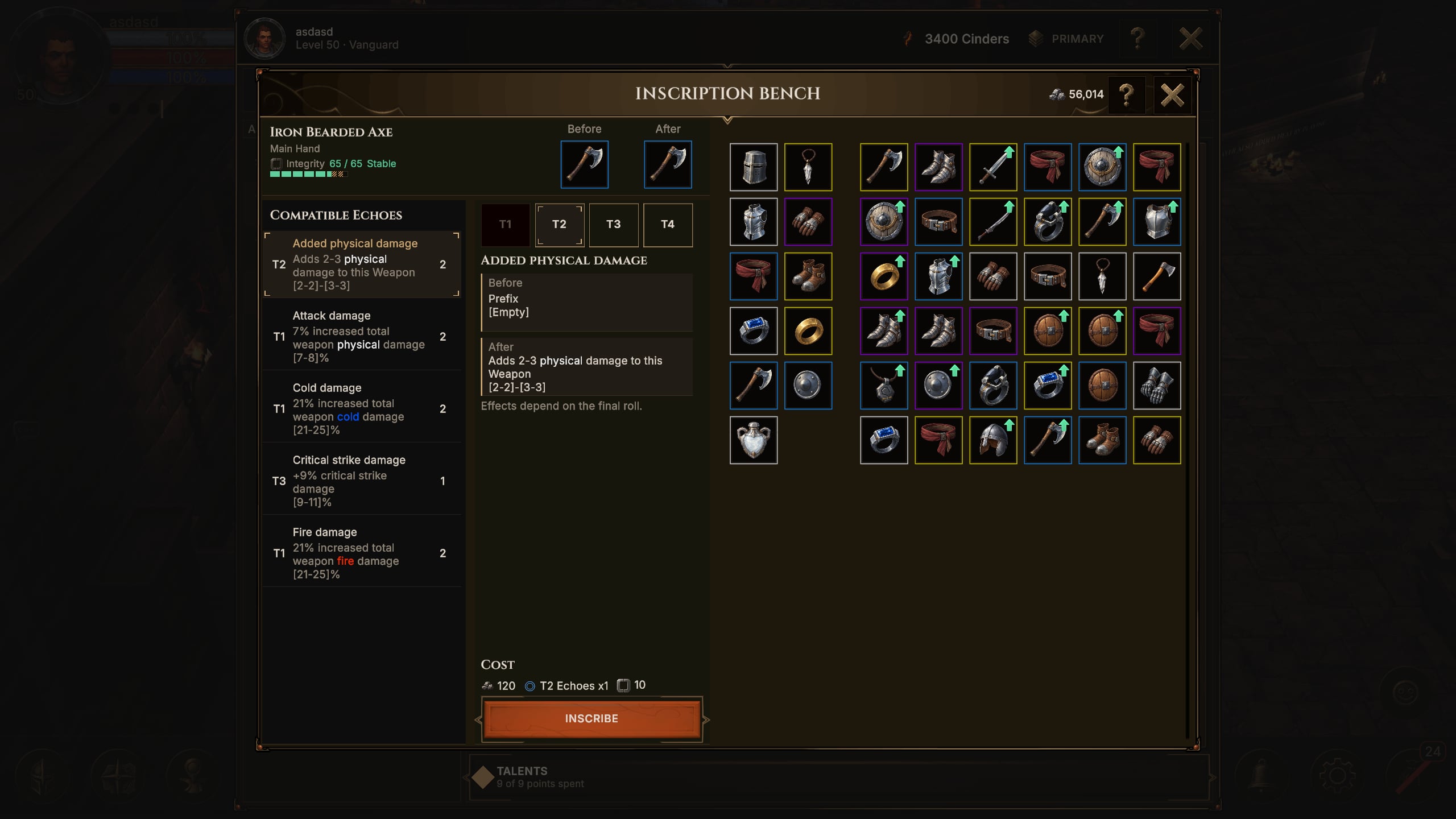 Inscription Bench showing an axe with its affix before and after inscription, a list of compatible affixes, the cost and your items.