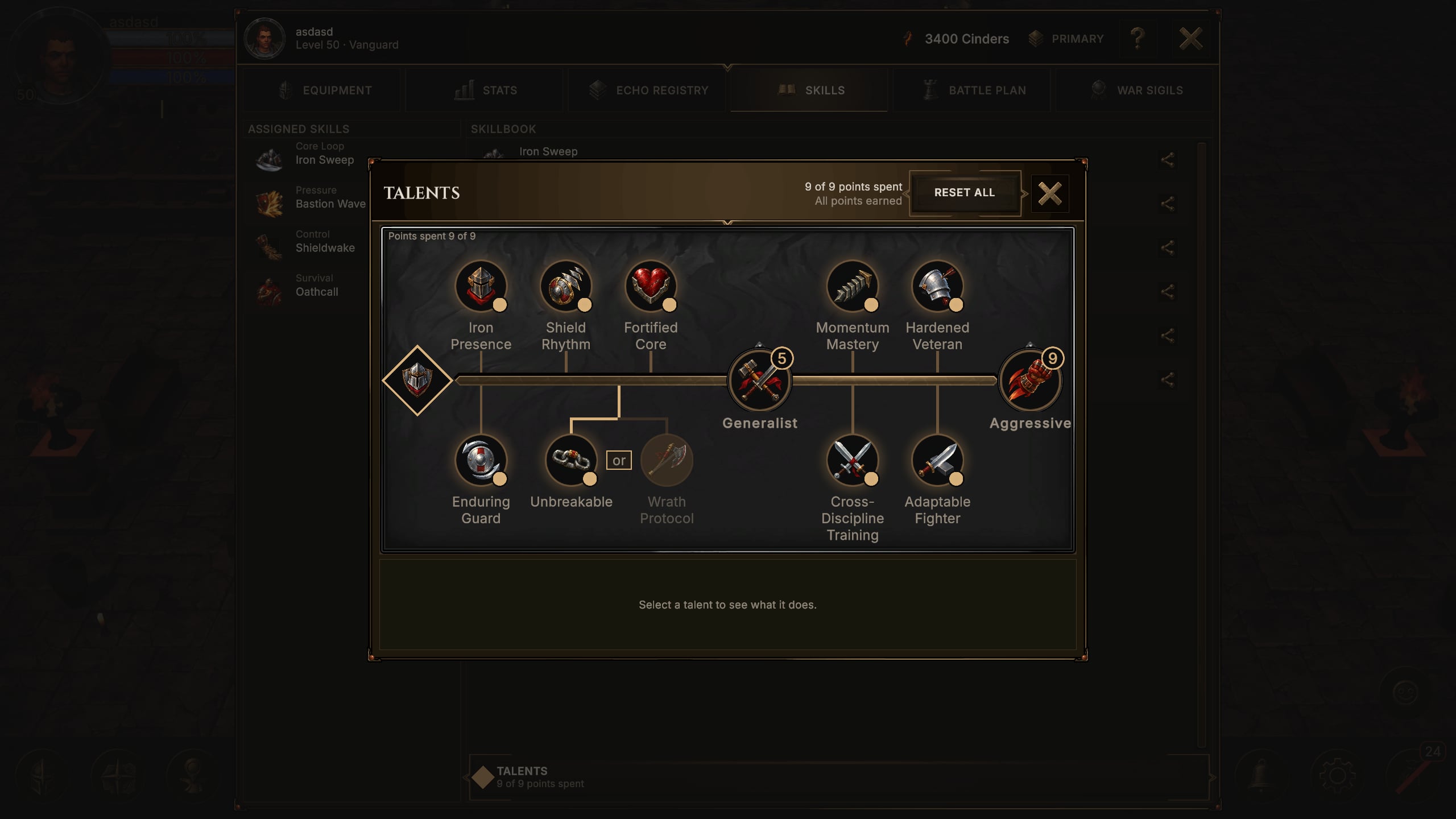 Talent tree window showing all nine Talent points spent.