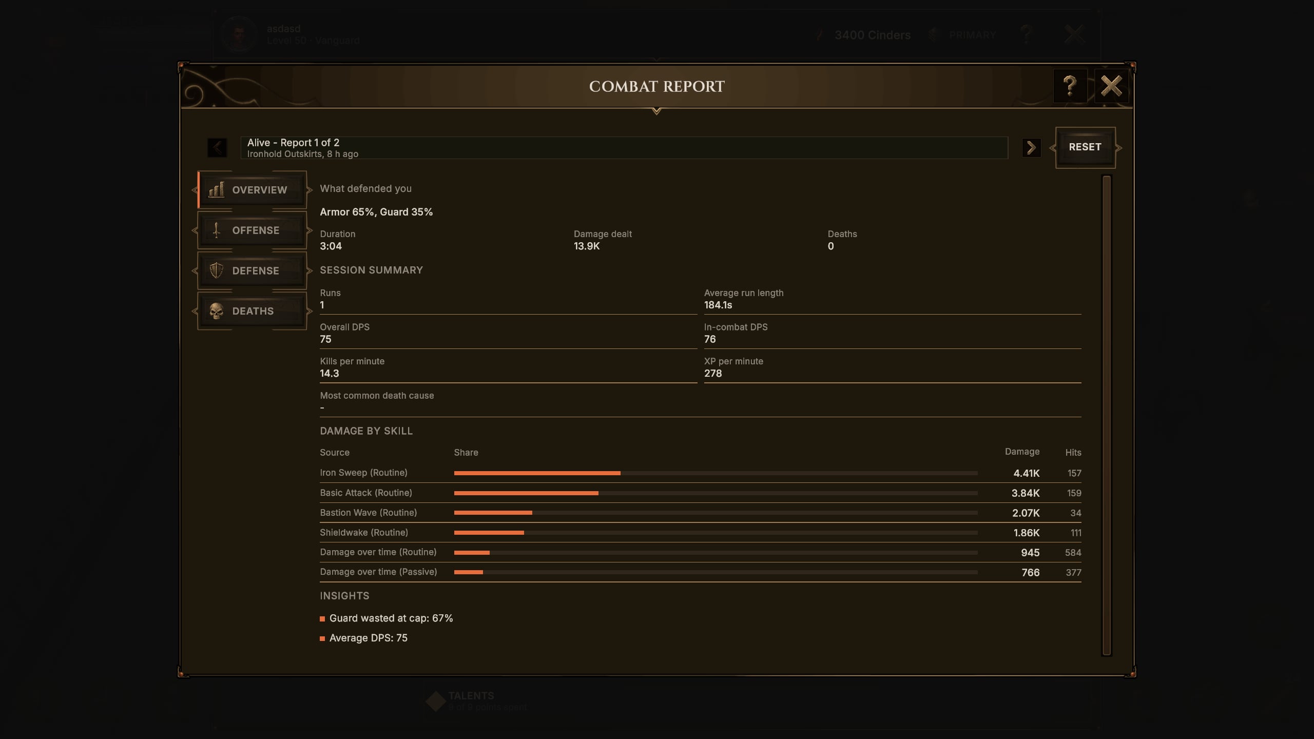 Combat Report window showing a fight's duration, damage dealt and deaths, with damage broken down by skill.
