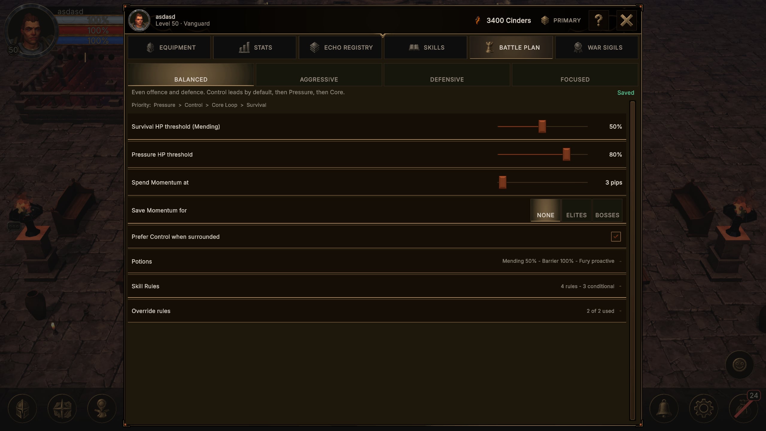 Battle Plan window with a posture selected, health threshold sliders, potion settings and configured rules.