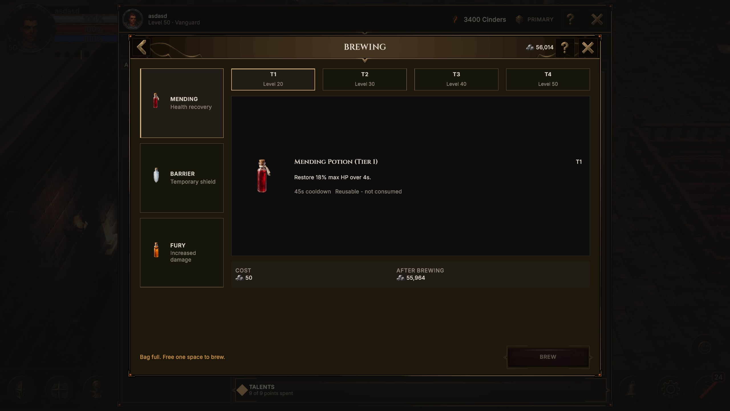 Brewing window listing three potions, with a reusable healing potion selected and its brewing cost.