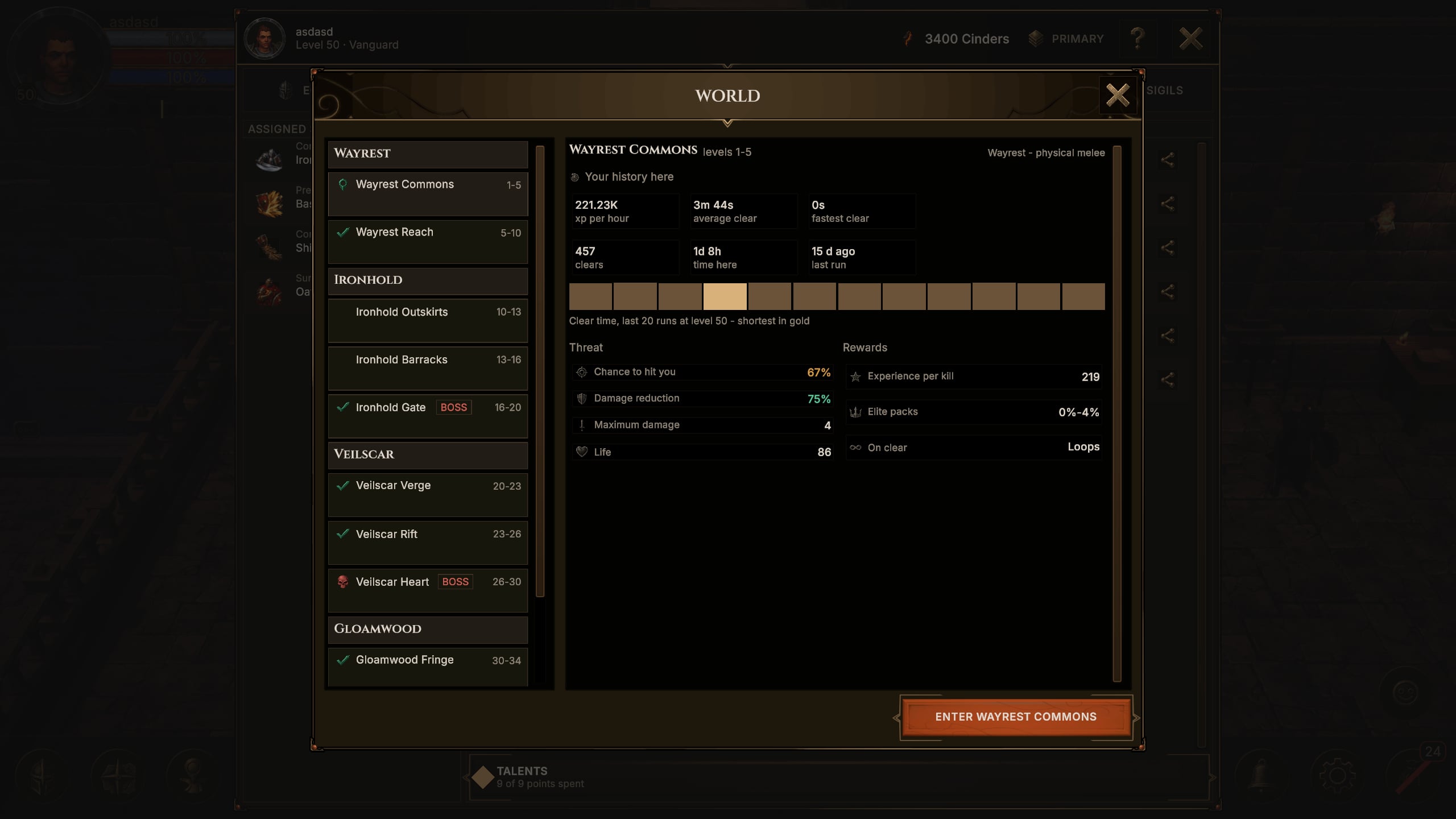 World window listing zones by region and level range, with one zone selected showing your history there, its threat and its rewards.